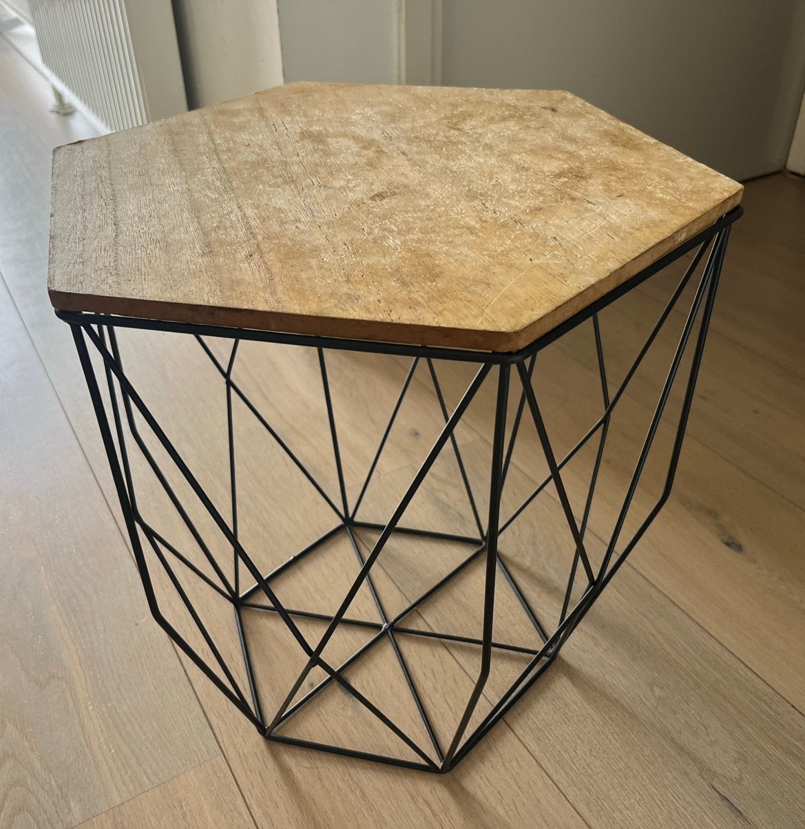 Zeshoekige bijzettafeltje - industrieel modern - hout metaal, Ophalen, Minder dan 45 cm, Minder dan 55 cm, Gebruikt