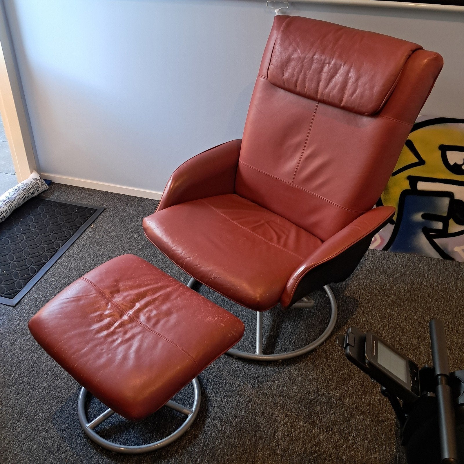 Vintage Ikea Malung fauteuil en voetenbank, 1999, rood, Ophalen, Gebruikt, 75 tot 100 cm, Jaren 90 design, Retro chic