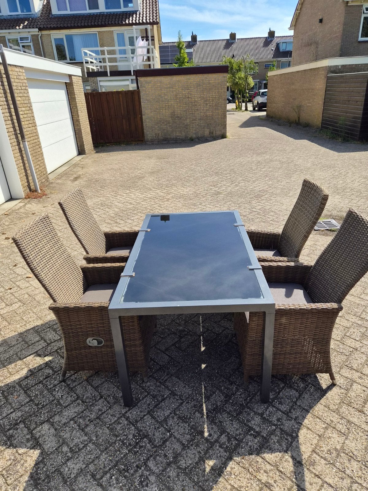 Canadian Tuinset met 4 stoelen en glazen tafel, Tuin en Terras, Ophalen, 4 zitplaatsen, Gebruikt, Wicker