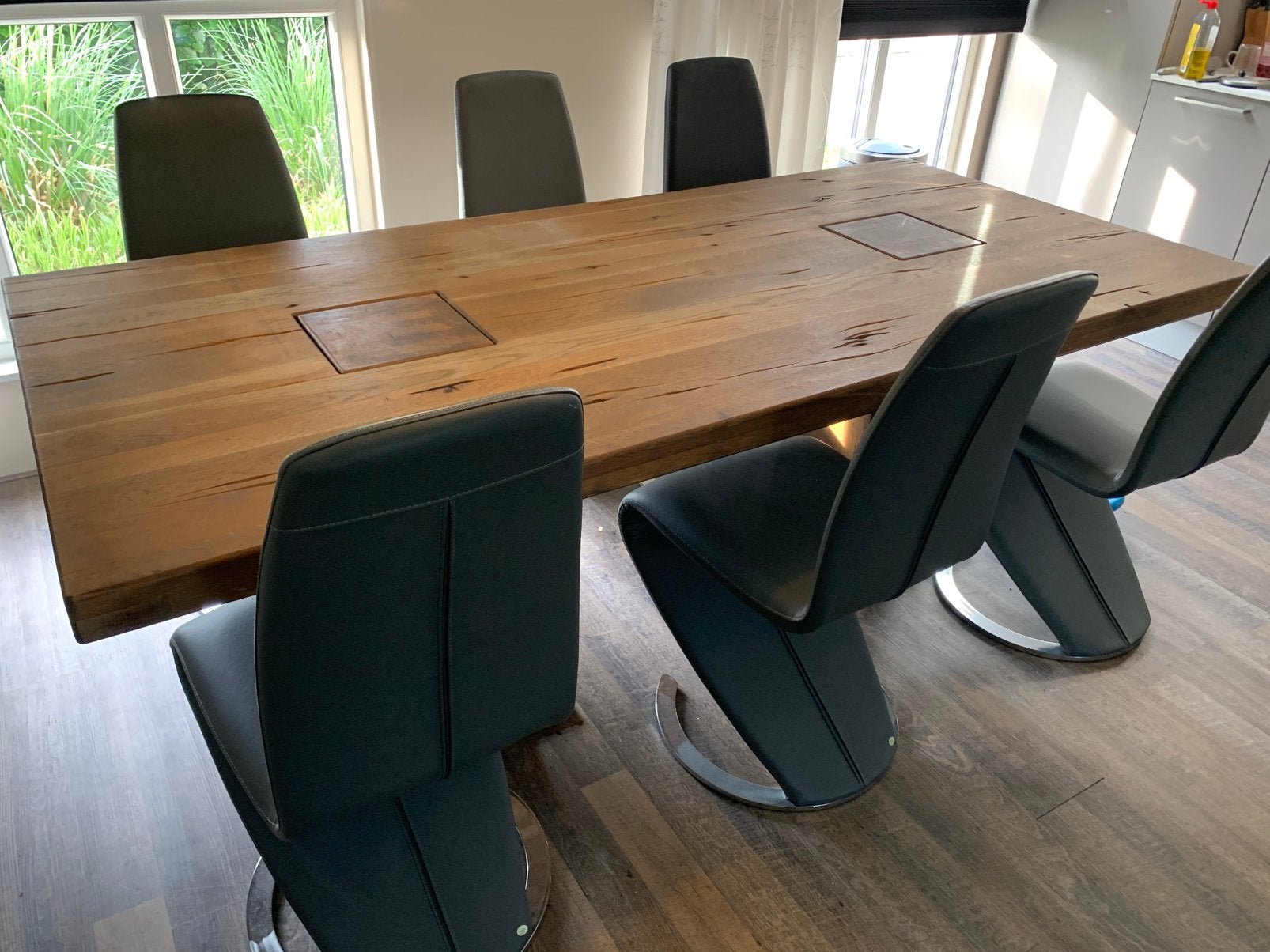 Eetkamertafel massief eiken 220 cm, Ophalen, Gebruikt, Eikenhout, 200 cm of meer