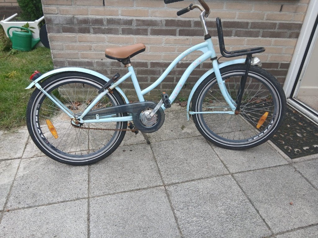 Lichtblauwe kinderfiets met voordrager - 22 inch, Gebruikt, Ophalen, Overige merken, Terugtraprem