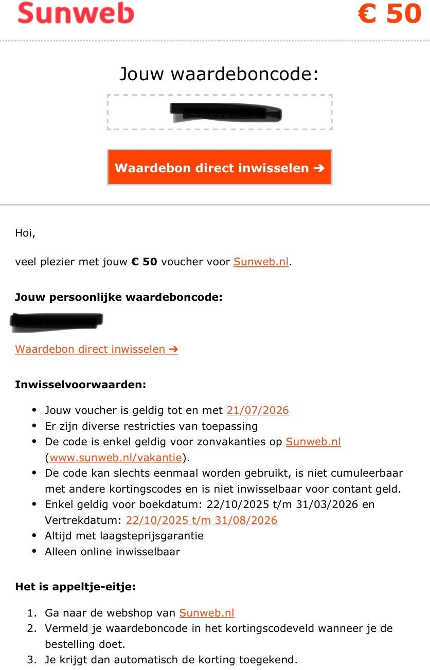 Sunweb 50 euro korting, Eén persoon, Kortingsbon