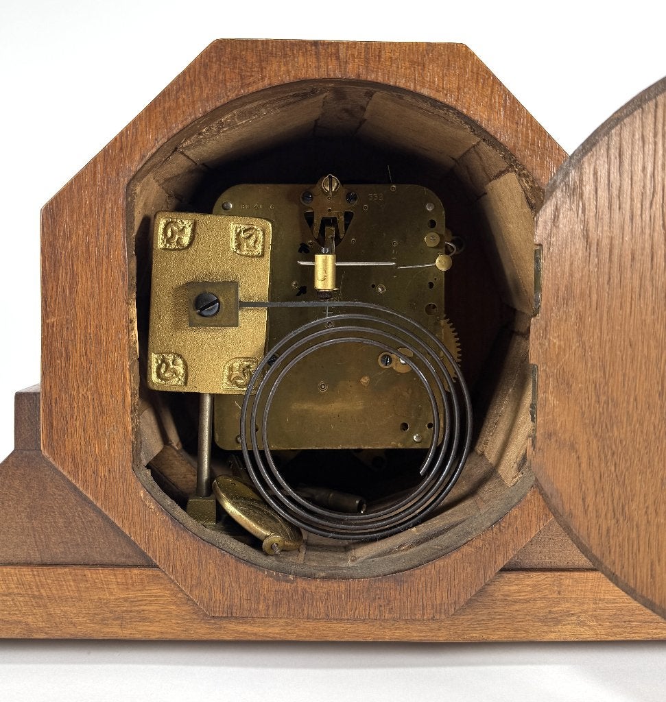 1156. Art Deco pendule - eikenhout met chroom, ca. 1920–1930, Ophalen