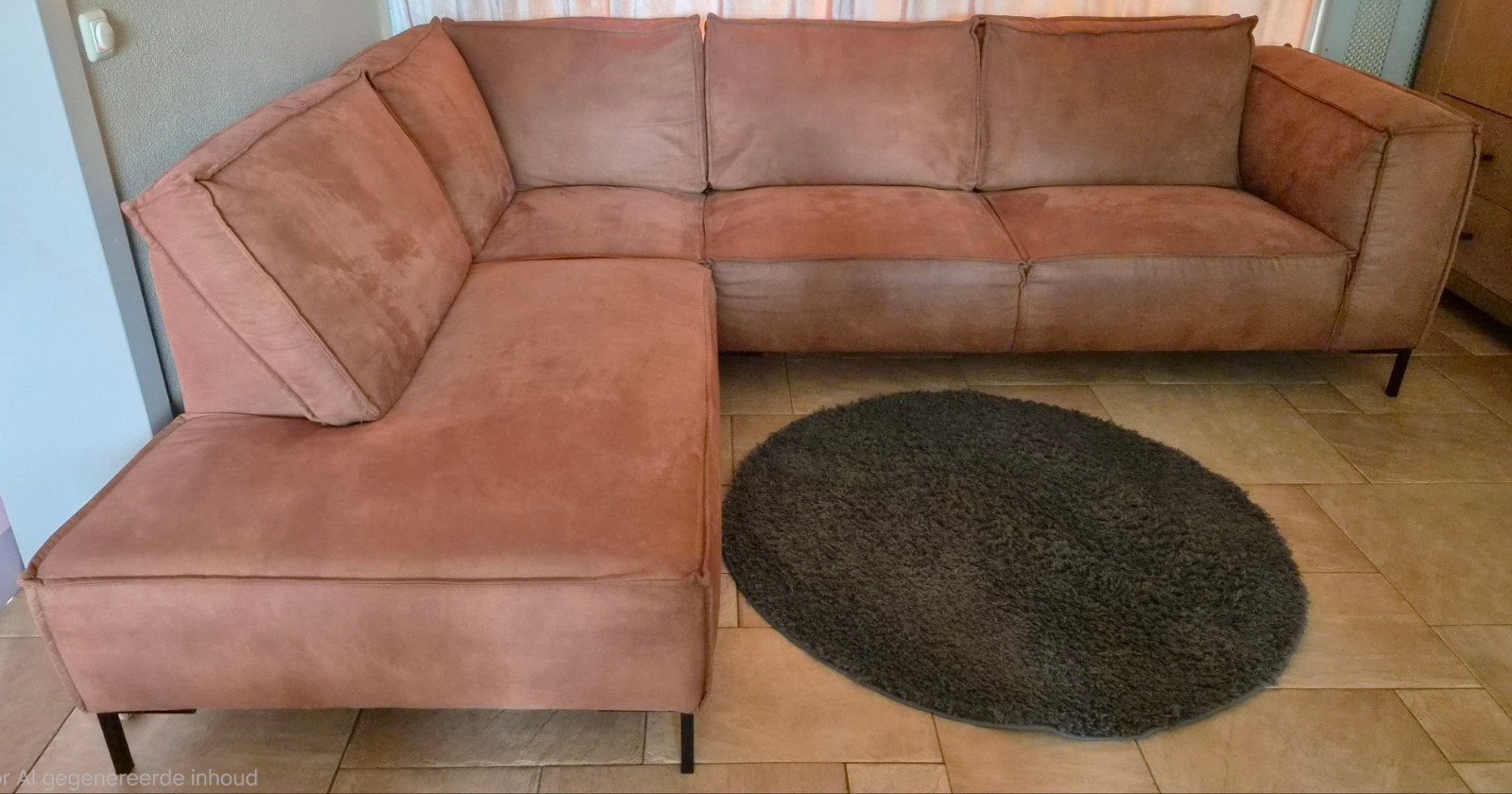 Comfortabele hoekbank in bruine/cognac stof, Ophalen, 250 tot 300 cm, Gebruikt, Hoekbank