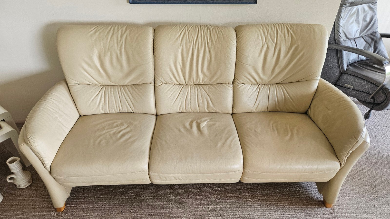 Bankstel leer crèmekleurig 200cm lang, Ophalen, Gebruikt, 150 tot 200 cm, Driepersoons