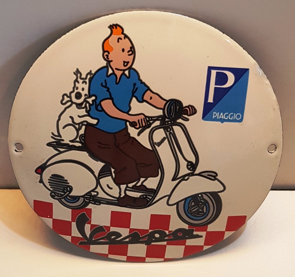 Kuifje en Bobby met een Vespa "PIAGGIO Vespa Garage 12cm Ø, Verzenden, Nieuw, Reclamebord