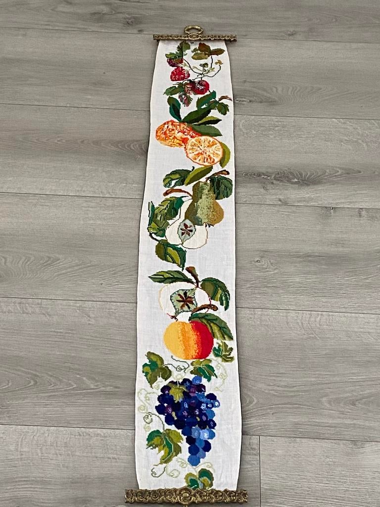 Kleurrijke fruit motief vintage schellekoord & koper beslag, Hobby en Vrije tijd, Borduren en Borduurmachines, Ophalen of Verzenden