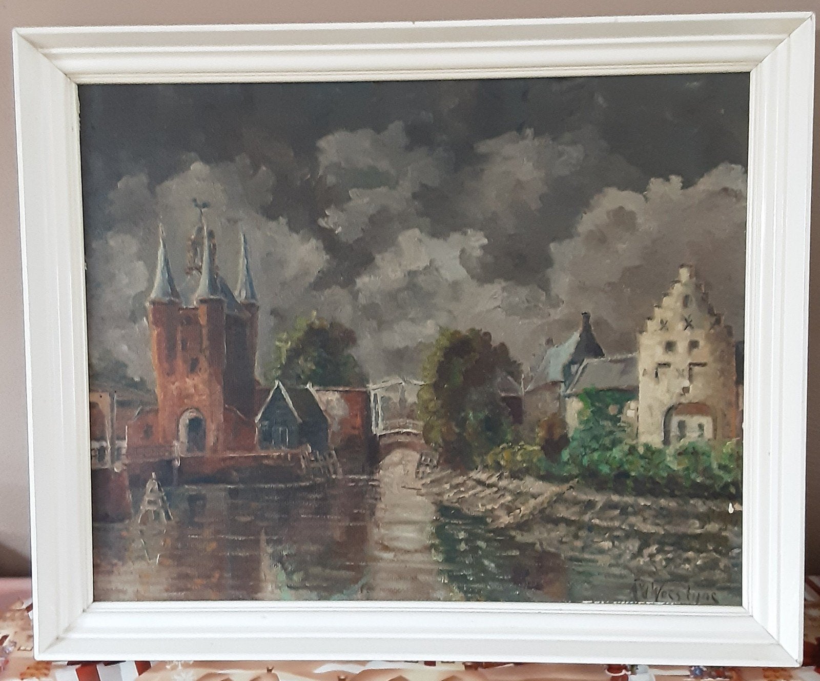 Mooi oud olieverfschilderij van een stadsgezicht, Antiek en Kunst, Kunst | Schilderijen | Klassiek, Doek, Origineel werk, Ophalen of Verzenden