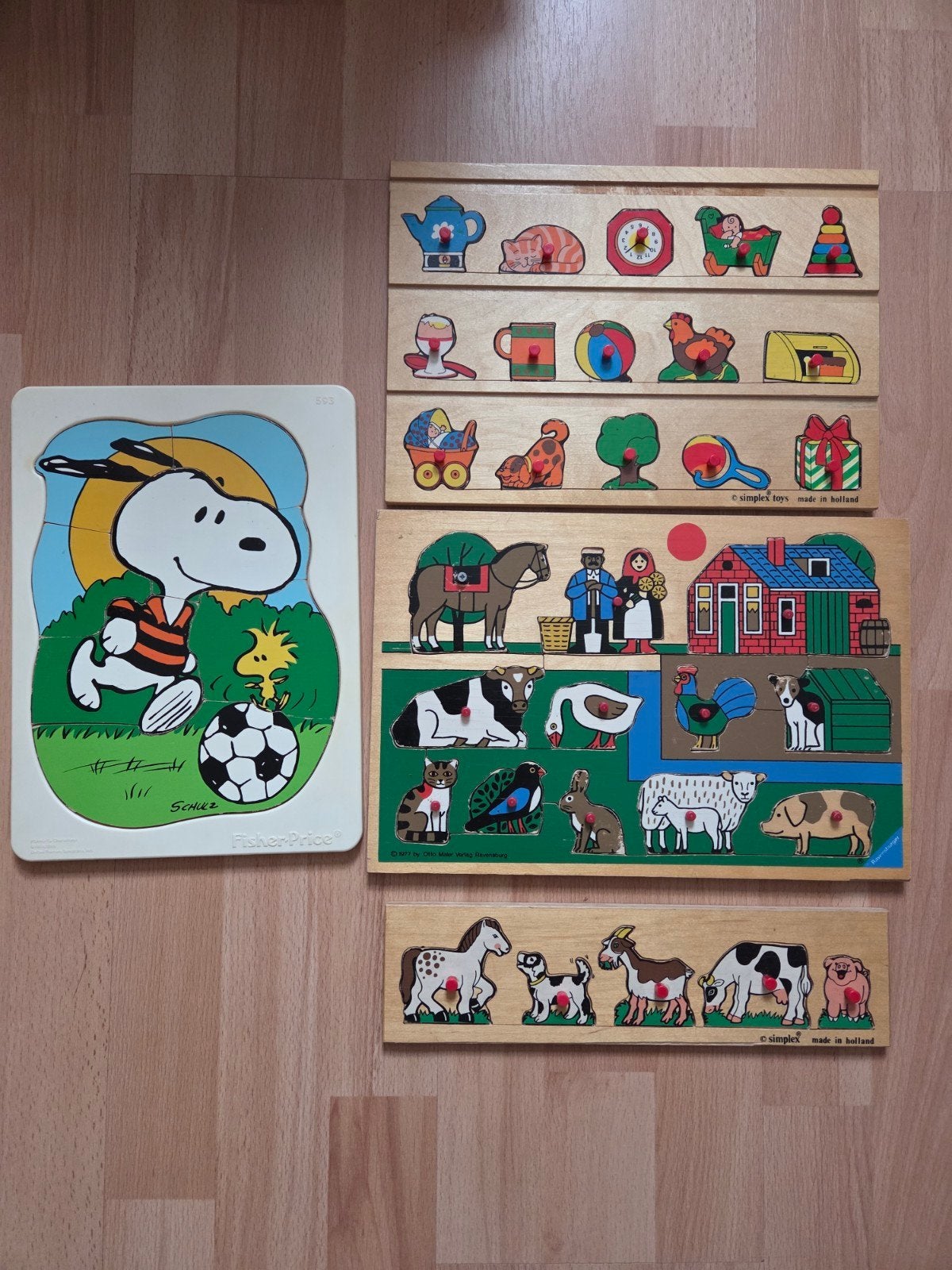 3 houten puzzels en 1 kunststof puzzel., Ophalen of Verzenden, Minder dan 10 stukjes, 6 maanden tot 2 jaar, Van hout