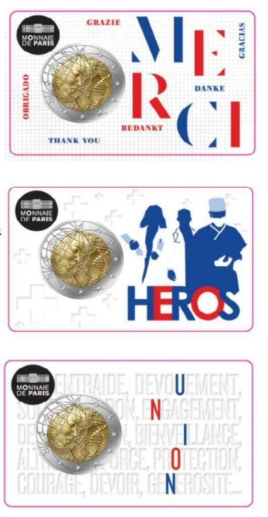 3x 2 euro Frankrijk 2020 - Geneeskunde - Merci-Heroes-Union, Verzenden, Frankrijk, 2 euro, Setje
