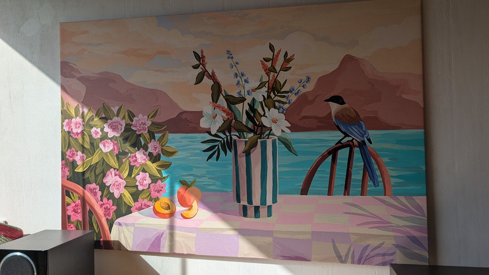 Sfeervolle Canvas Print 100x80cm - Landschap met Bloemen, Huis en Inrichting, Nieuw, Ophalen of Verzenden, Print, 100 tot 125 cm