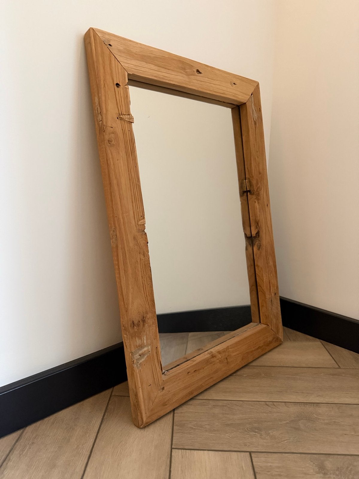 Houten spiegel van drijfhout, Ophalen, Gebruikt, 100 tot 150 cm, Rechthoekig
