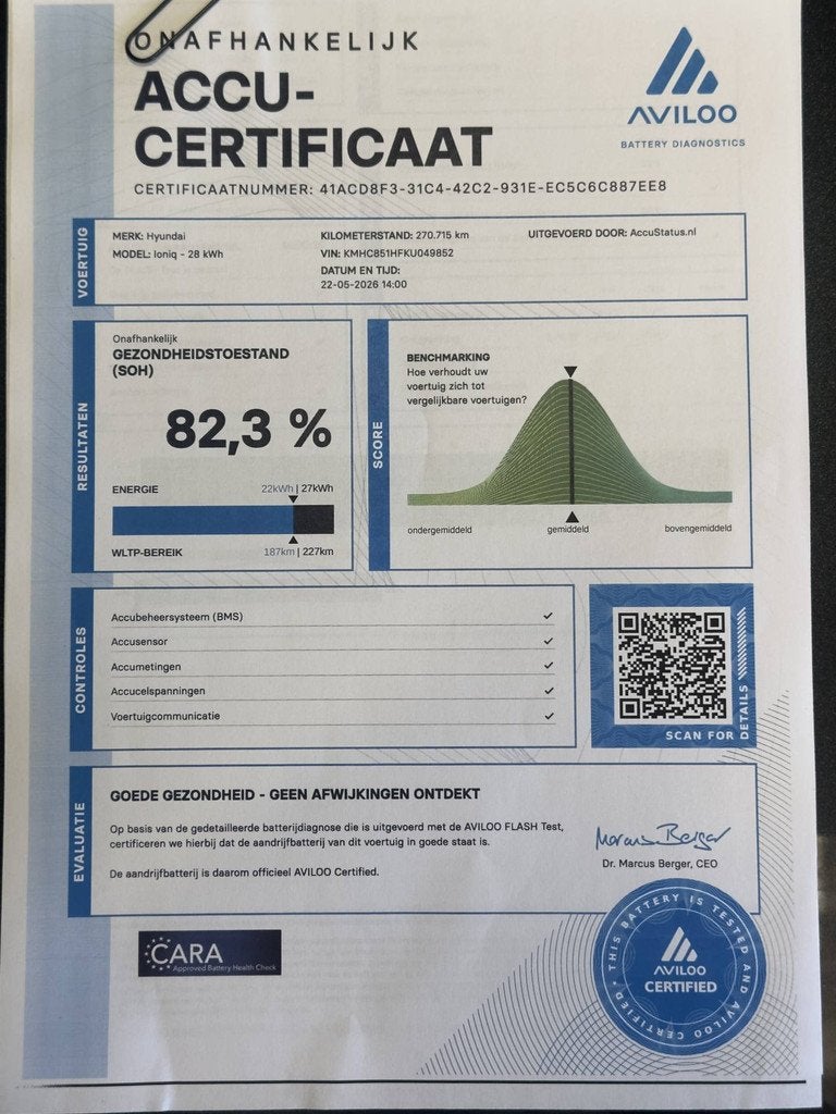 Hyundai IONIQ Premium EV Aut SOH 82.3% LEDER NAVI CAMERA APP, Auto's, Hyundai, Gebruikt, Zwart, Adaptive Cruise Control, Wit
