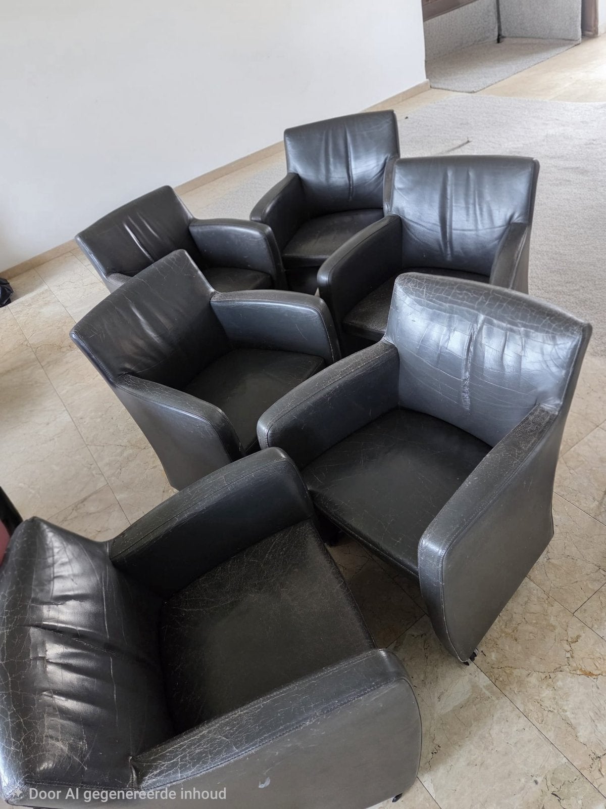 Set van 6 donkergrijze leren Leolux eetkamerstoelen, Huis en Inrichting, Stoelen, Ophalen, Gebruikt, Leer, Vijf, Zes of meer stoelen