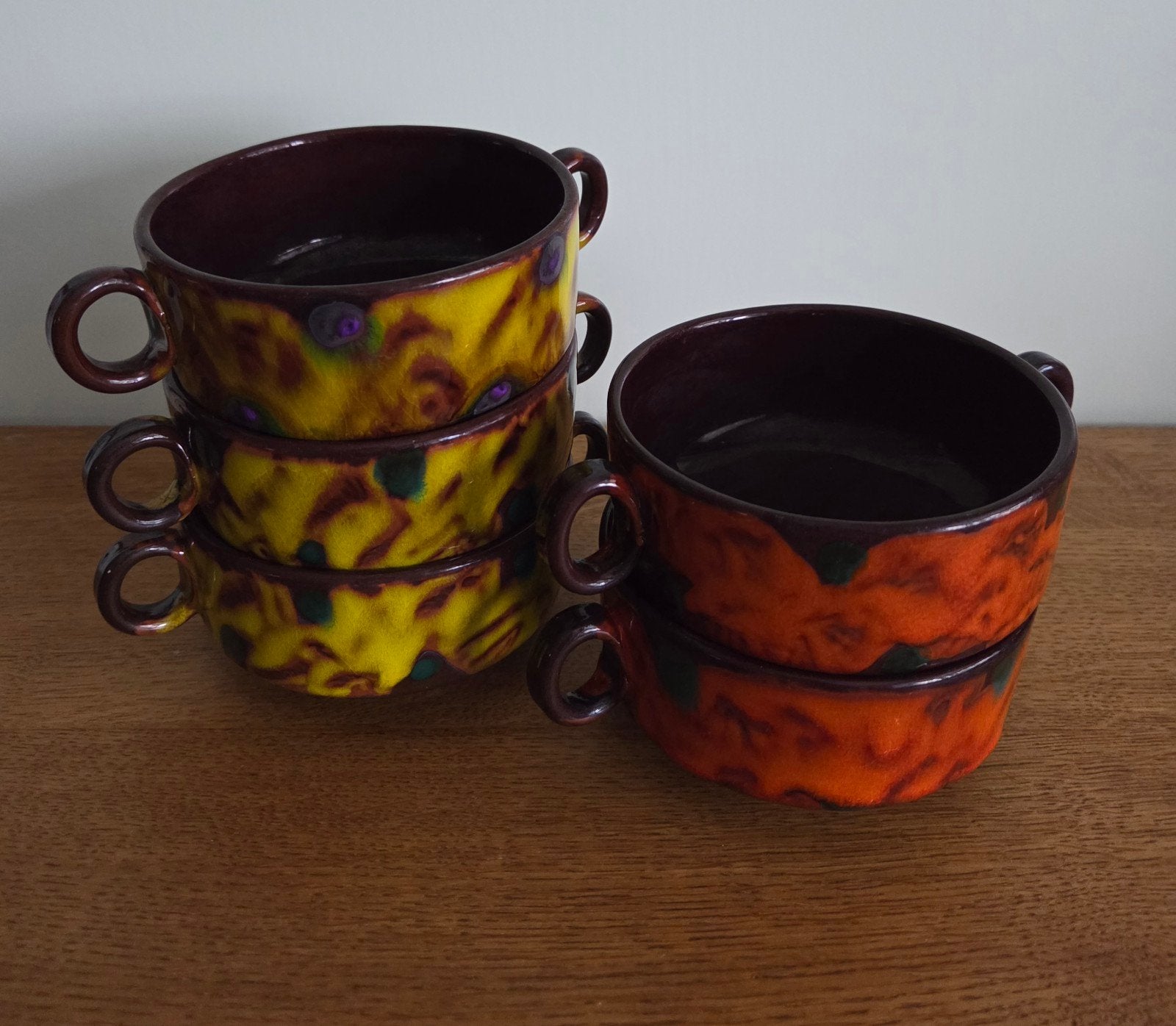 Vintage Fat Lava soepkommen set van 5 – Retro Jaren 70, Gebruikt, Ophalen of Verzenden, Kom(men), Overige stijlen
