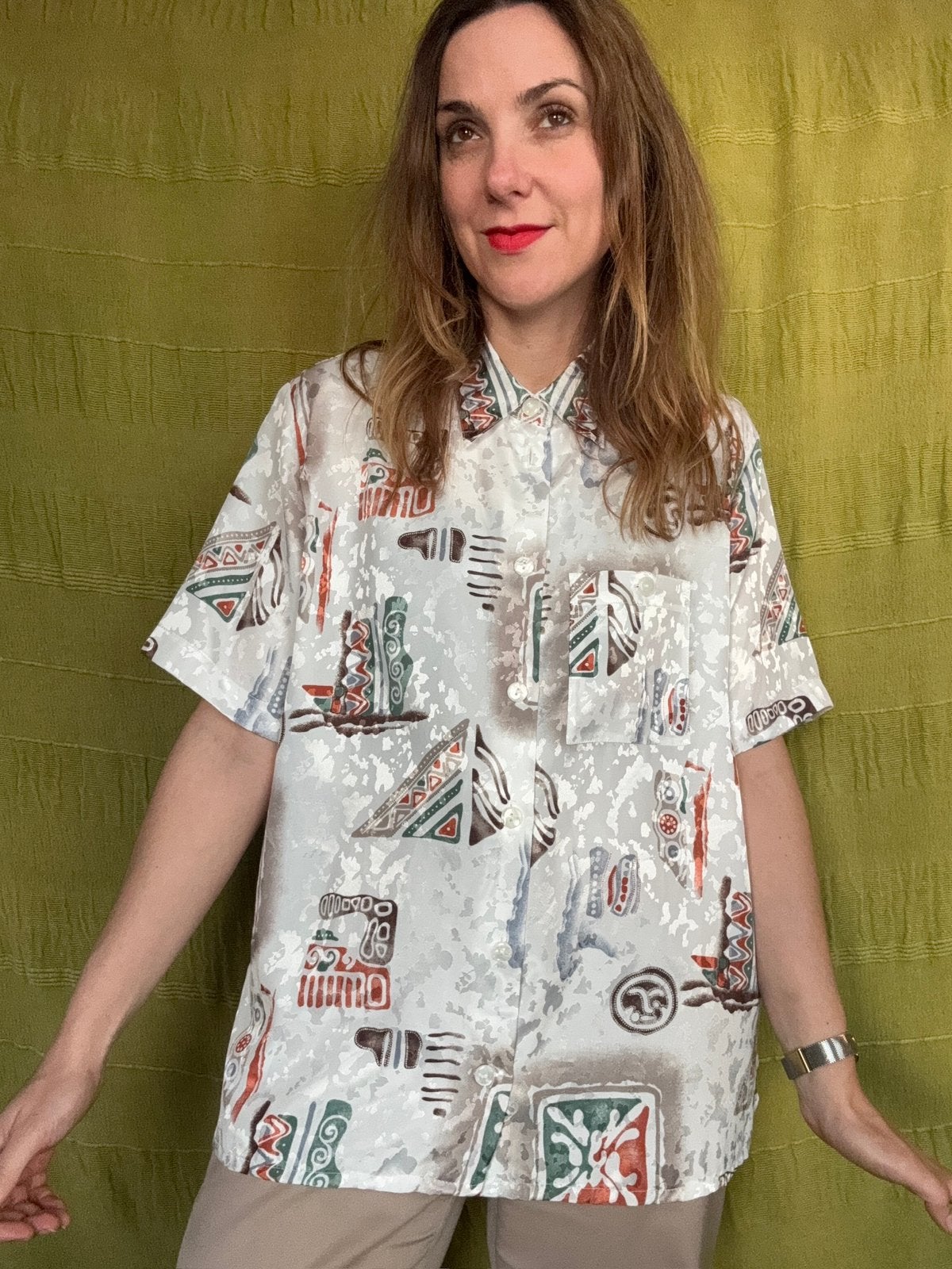 Vintage blouse - Jaren 90 / 90’s - print - patroon-42/XL, Hgv, Wit, Hgv, Maat 42/44 (L)