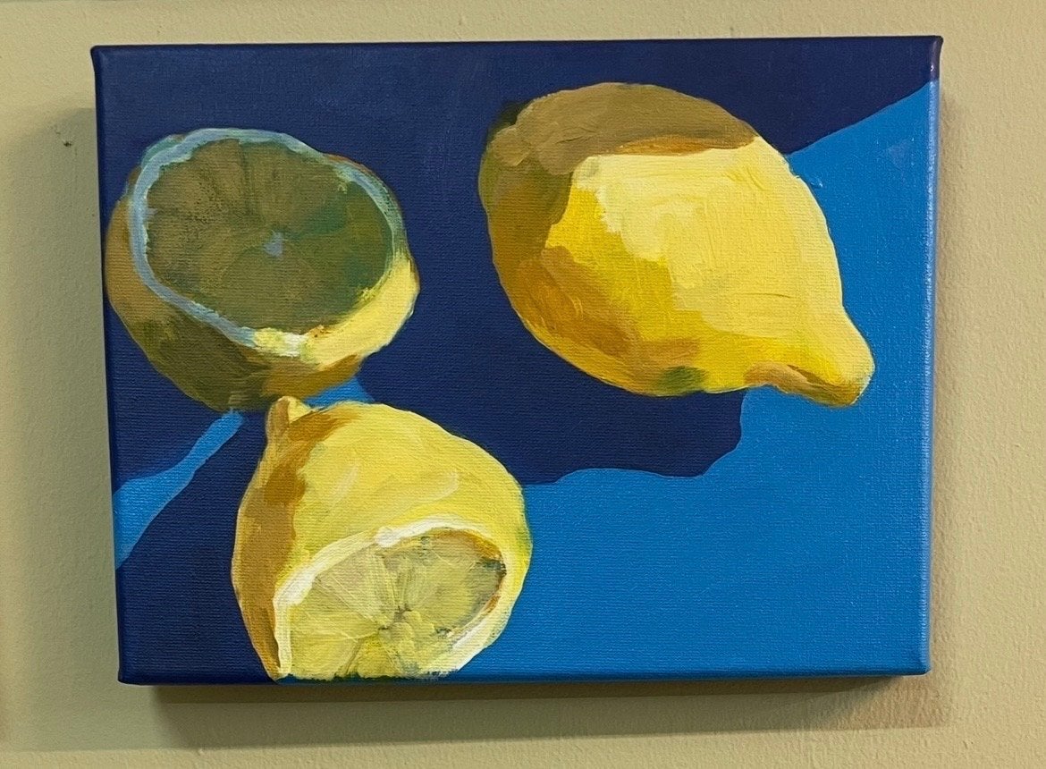 Schilderij met citroenen op blauwe achtergrond, Acrylverf, Stilleven, Handgeschilderd, Ophalen of Verzenden