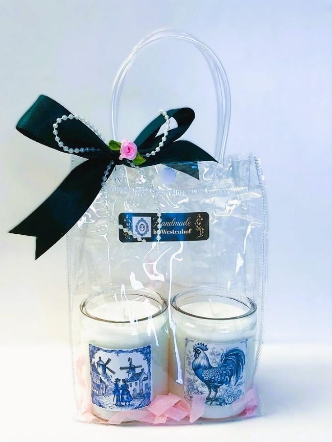 Set cadeau kaarsen in glazen delfts blauw haan - man vrouw, Overige materialen, Verzenden, Wit, Nieuw