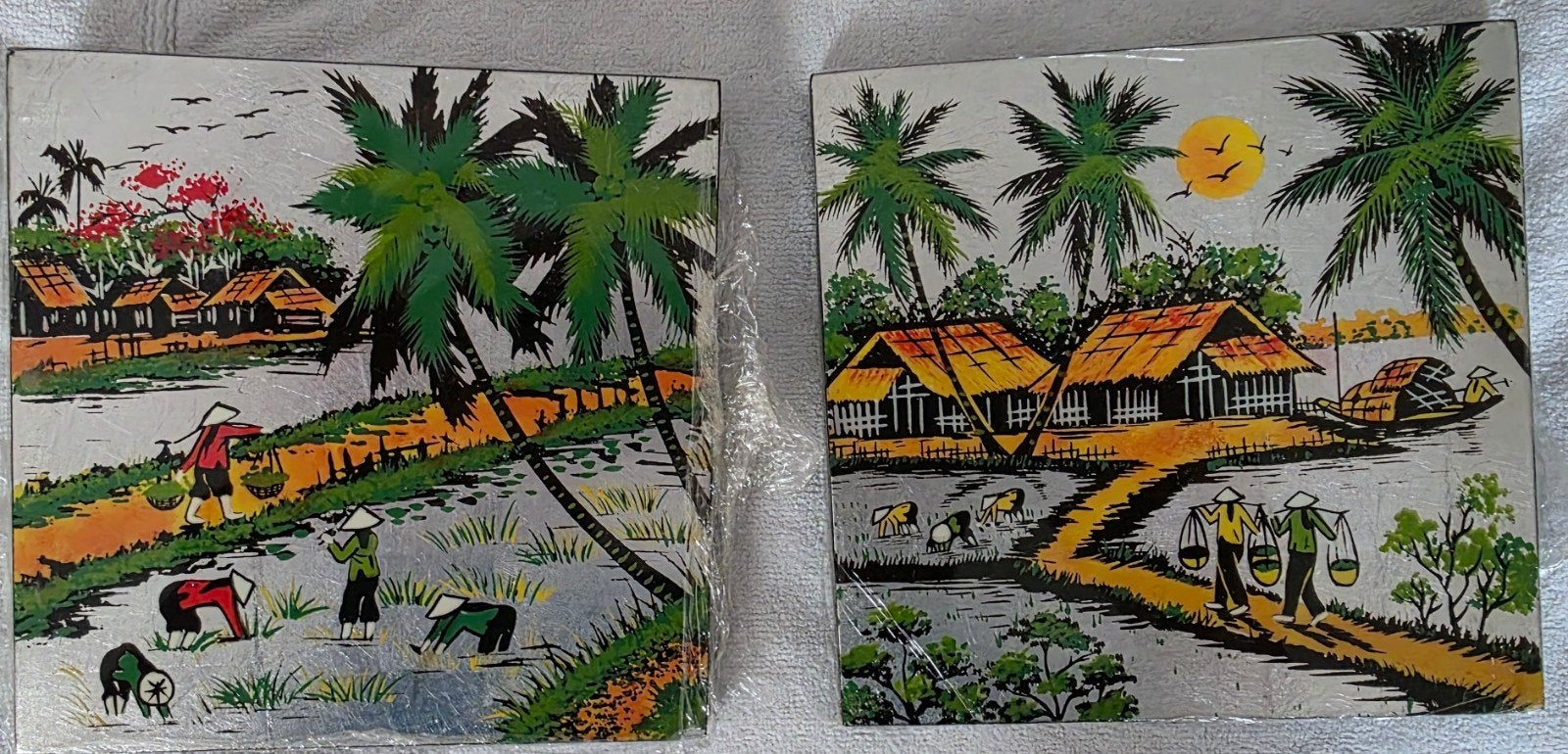 Set van 2 Aziatische landschapsschilderijen, Schilderij, Geschilderd, Meerkleurig, Overige herkomsten
