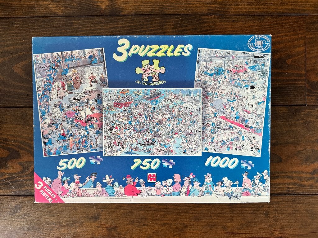 Jan van Haasteren - 3 puzzels in doos 500-750-1000, Ophalen of Verzenden, 500 t/m 1500 stukjes, Gebruikt, Legpuzzel