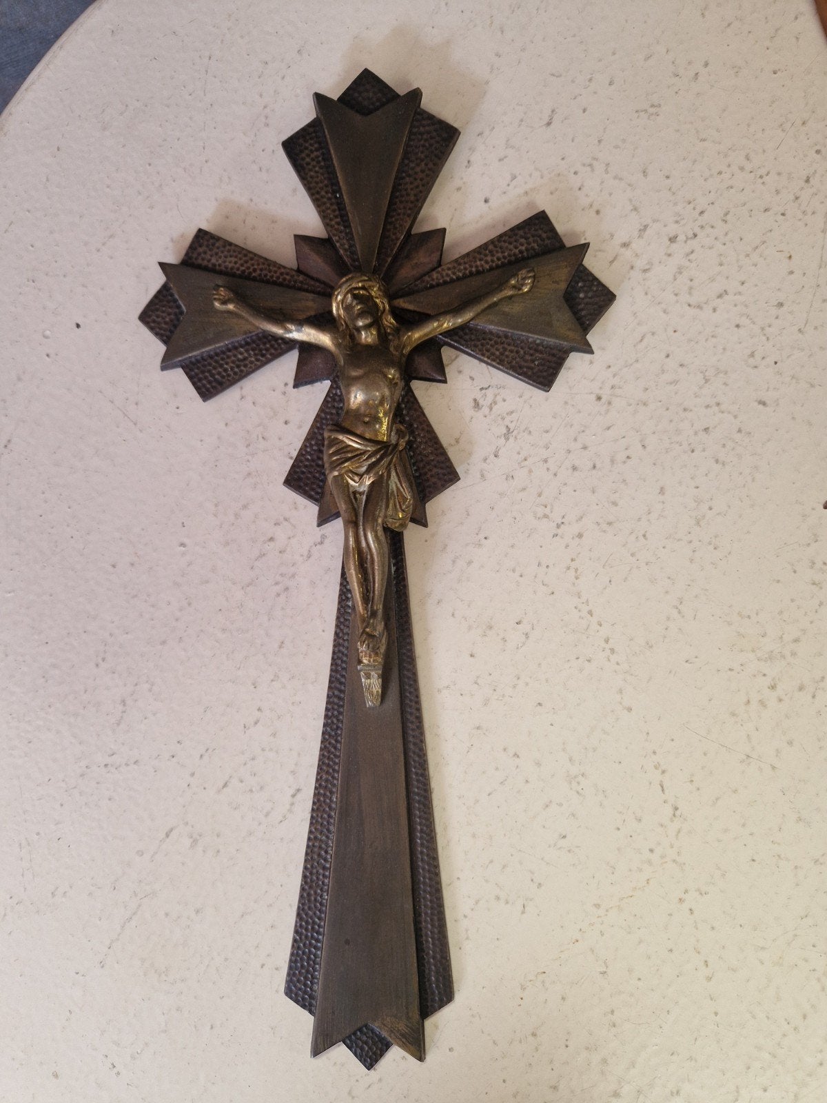 Antiek bronzen kruisbeeld met Jezusfiguur, Ophalen of Verzenden