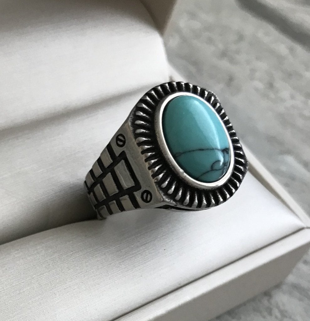 Ring Tibet zilver met Turquoise natuursteen maat 19 -NIEUW-, Overige materialen, 19 tot 20, Nieuw, Ophalen of Verzenden