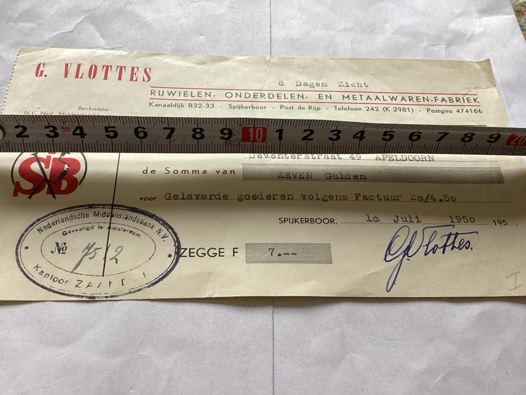 Oude factuur G. Vlottes Rijwielen 1950 de Rijp, Ophalen of Verzenden
