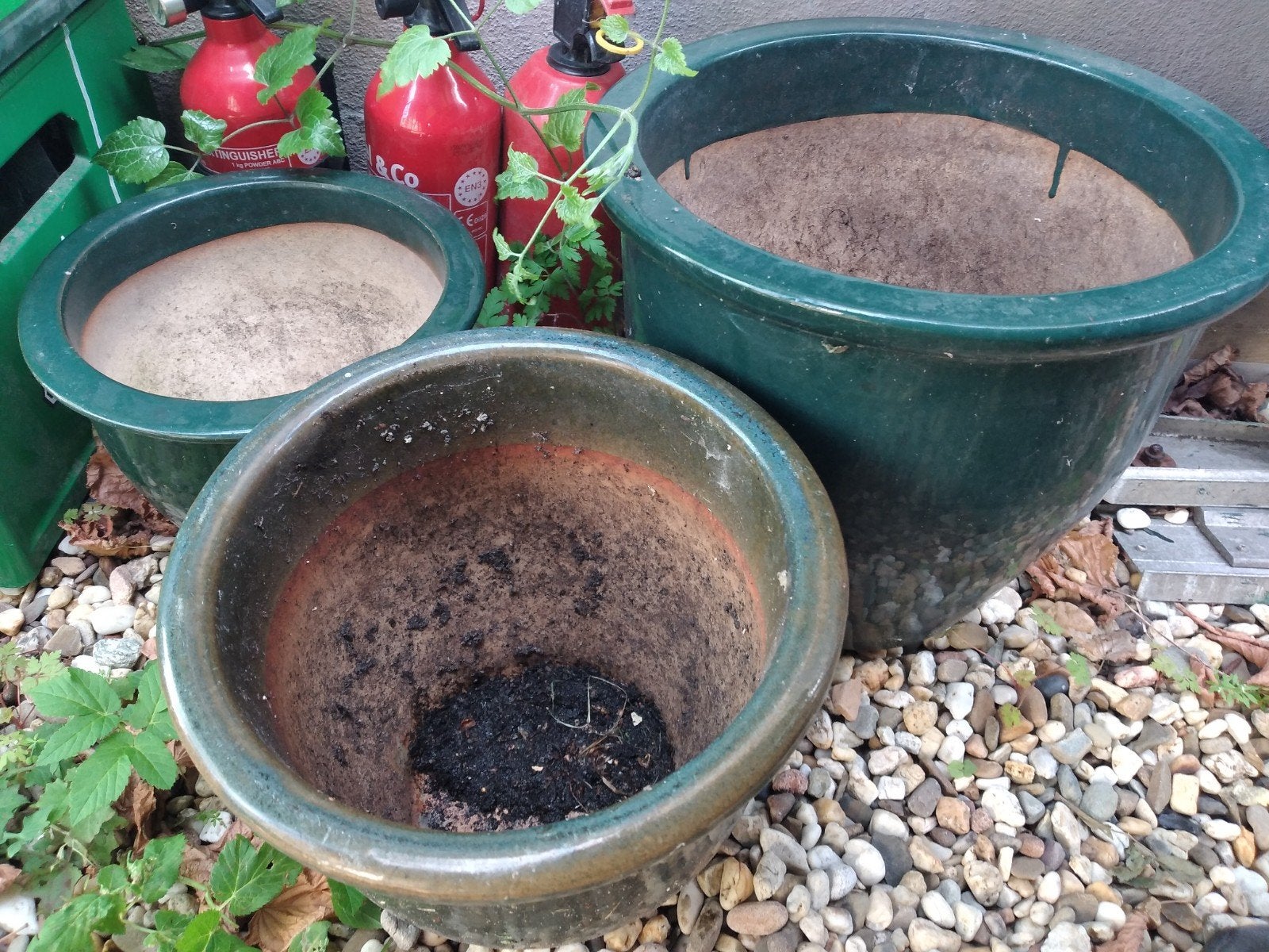 Set van 3 gebruikte bloempotten, groen geglazuurd, Tuin en Terras, Bloempotten, Ophalen, Gebruikt, Rond, Minder dan 40 cm