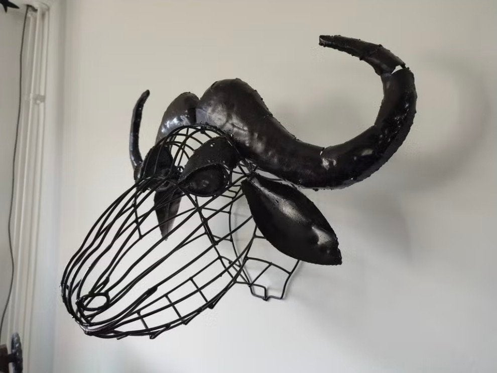Wanddecoratie: Buffelkop van metaal, Wanddecoratie, Zwart, Metaal, Modern