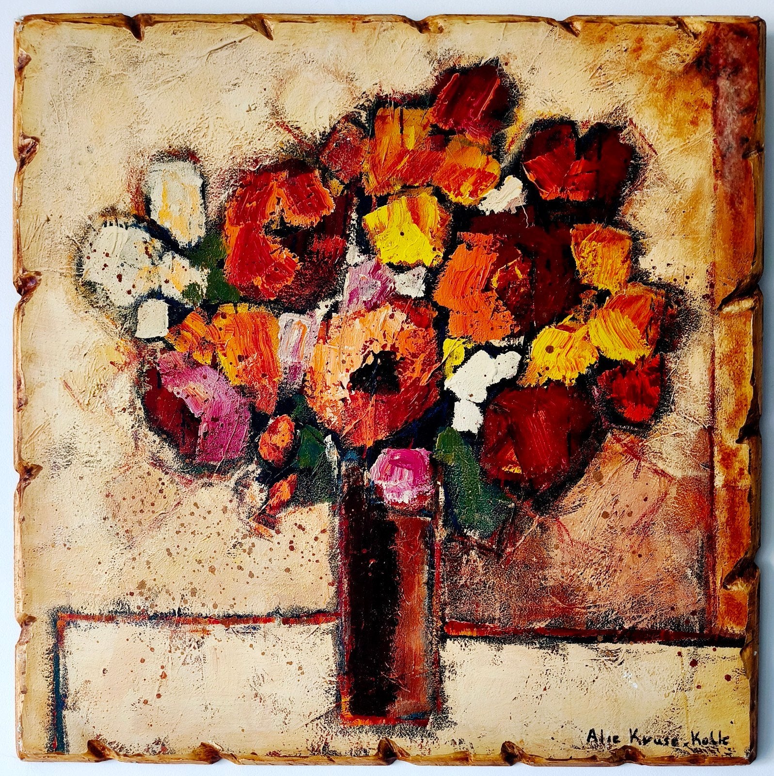 Origineel Schilderij Alie Kruse-Kolk - Stilleven 71x71cm, Antiek en Kunst, Ophalen, Acrylverf, Hout, Met textuur