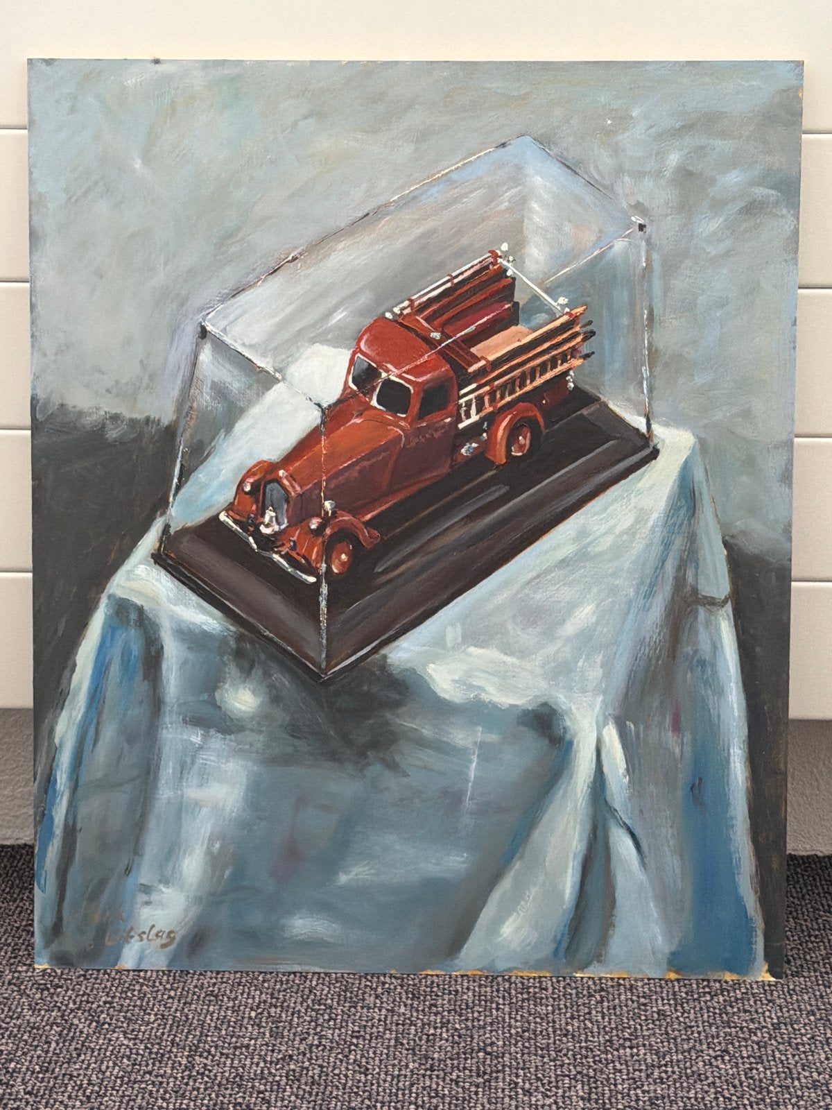 Olieverf Stilleven: Vintage Brandweerwagen onder Stolp - Hen, Ophalen