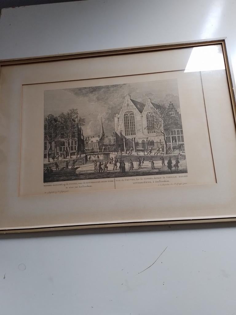 Antieke prent: Wintergezicht op de Singel, Amsterdam, Antiek en Kunst, Kunst | Etsen en Gravures, Ophalen of Verzenden