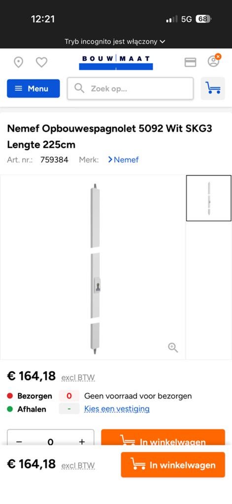 Nemef Opbouwespagnolet 5092 Wit SKG3 225cm, Ophalen, Nieuw, Overige materialen, Schuif of Grendel