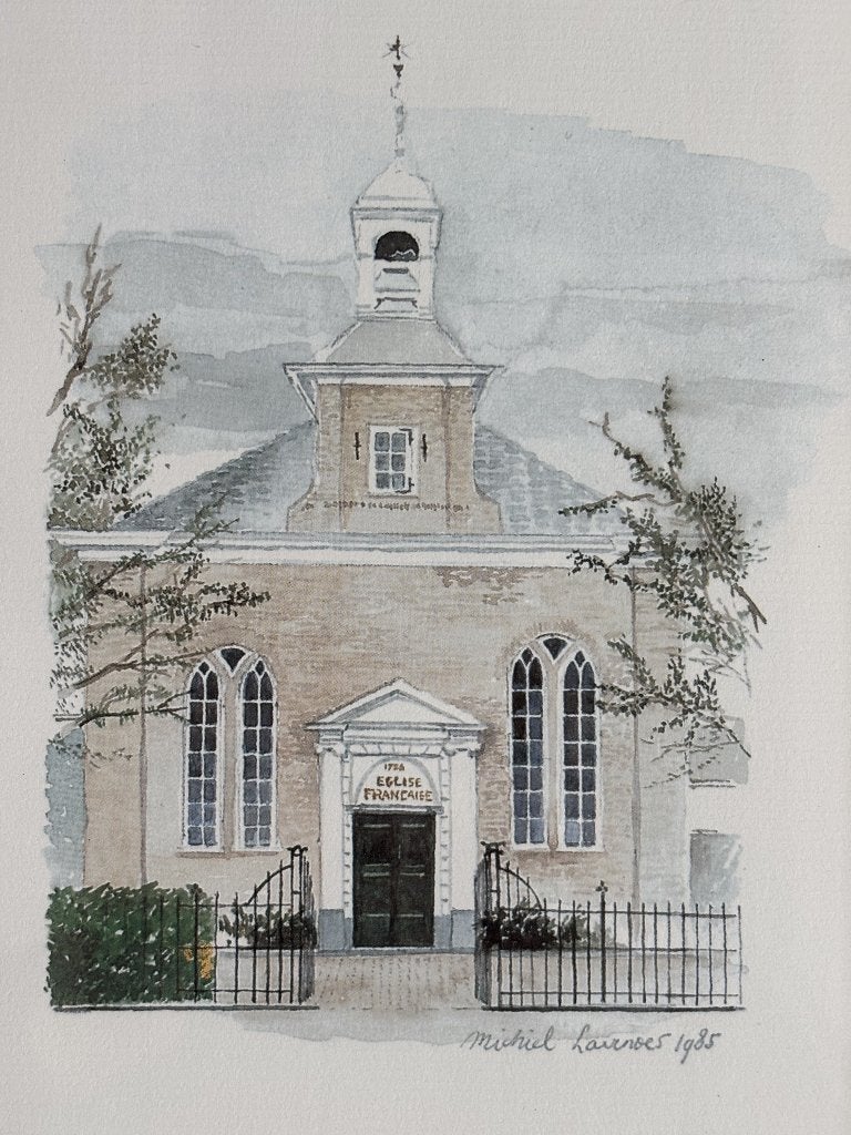 Originele Aquarel Franse Kerk – Michiel Laernoes, Ophalen of Verzenden, Tekening, Aquarel, Handgemaakt