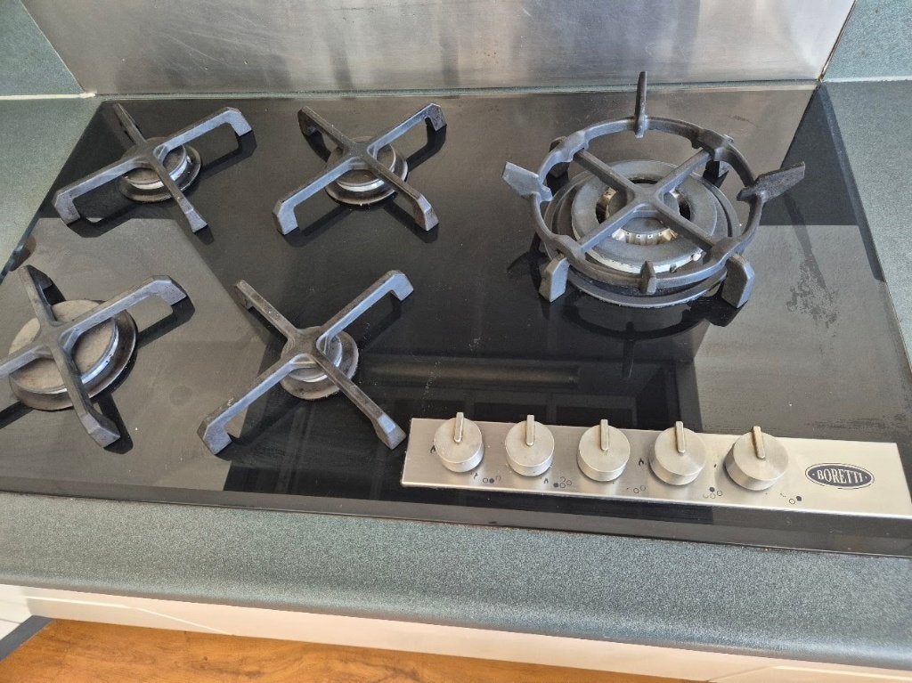 gaskookplaat, boretti inbouw, 5 pits, zwart glas, Ophalen, Gebruikt, Inbouw, Gas