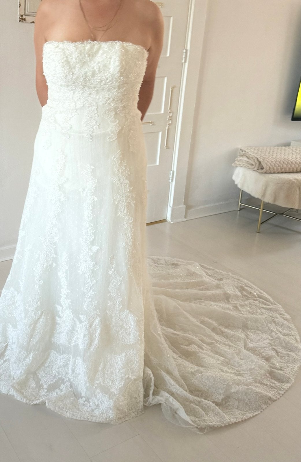 Prachtige strapless trouwjurk met kant en sleep, Ophalen of Verzenden, Zo goed als nieuw, Wit, Trouwjurk
