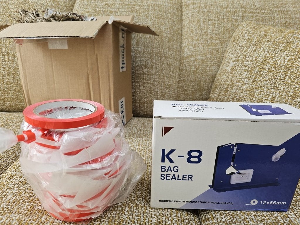 Zakkensluiter met 16 rollen tape, nieuw, Zelfklevend, Nieuw, Machine, Blauw