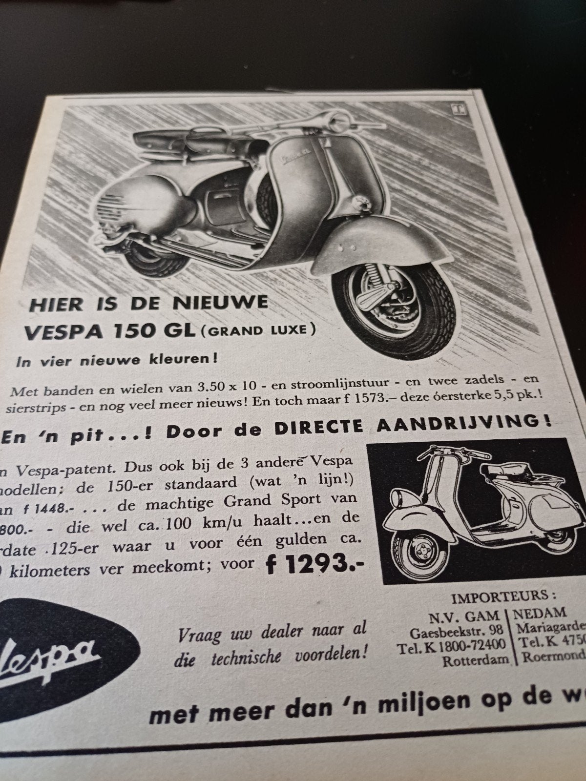 advertentie Vespa scooter 150 GL 1957, Ophalen of Verzenden, Zo goed als nieuw, Overige typen