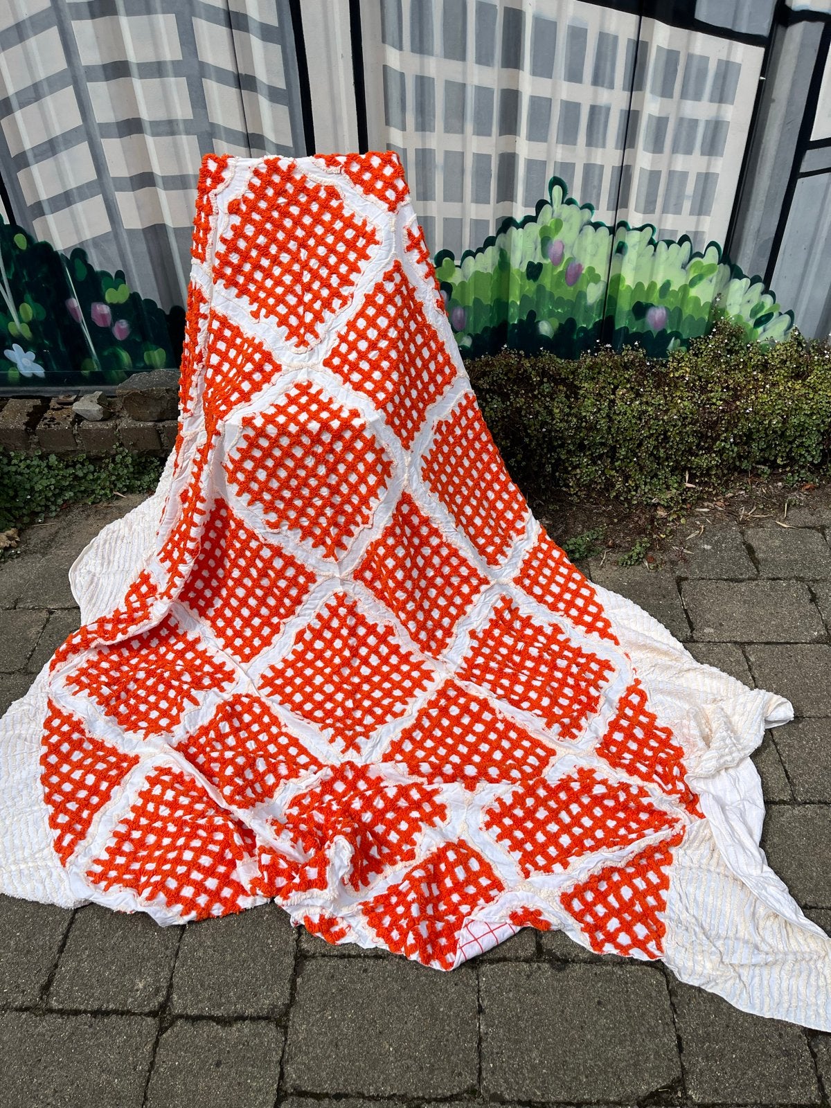 Retro sprei oranje/wit - 215x200 cm, Ophalen, Gebruikt, Sprei, Overige doeleinden
