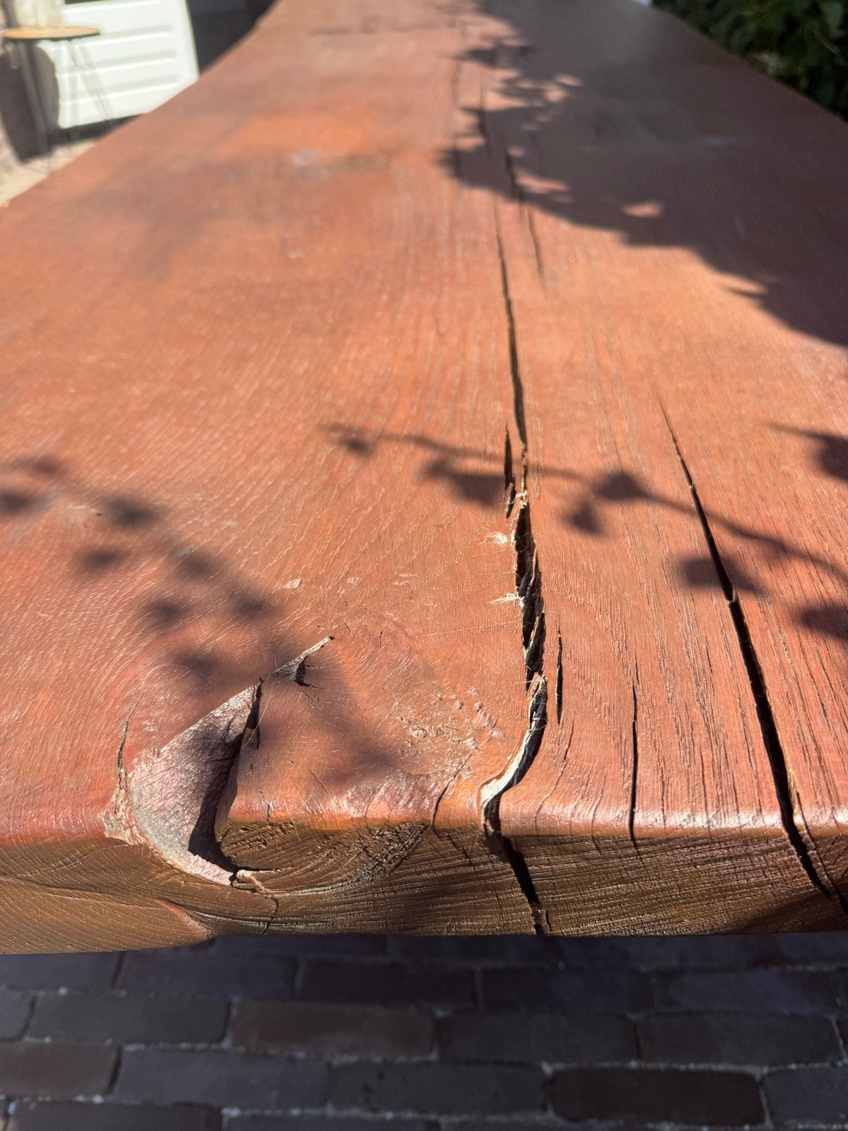 Robuuste houten tuintafel met metalen onderstel, Ophalen, Gebruikt, Rechthoekig, Hout