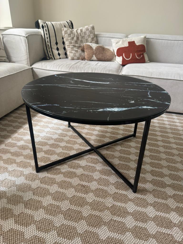 Salontafel rond zwart marmerlook glas, Ophalen, 50 tot 100 cm, Rond, 50 tot 100 cm
