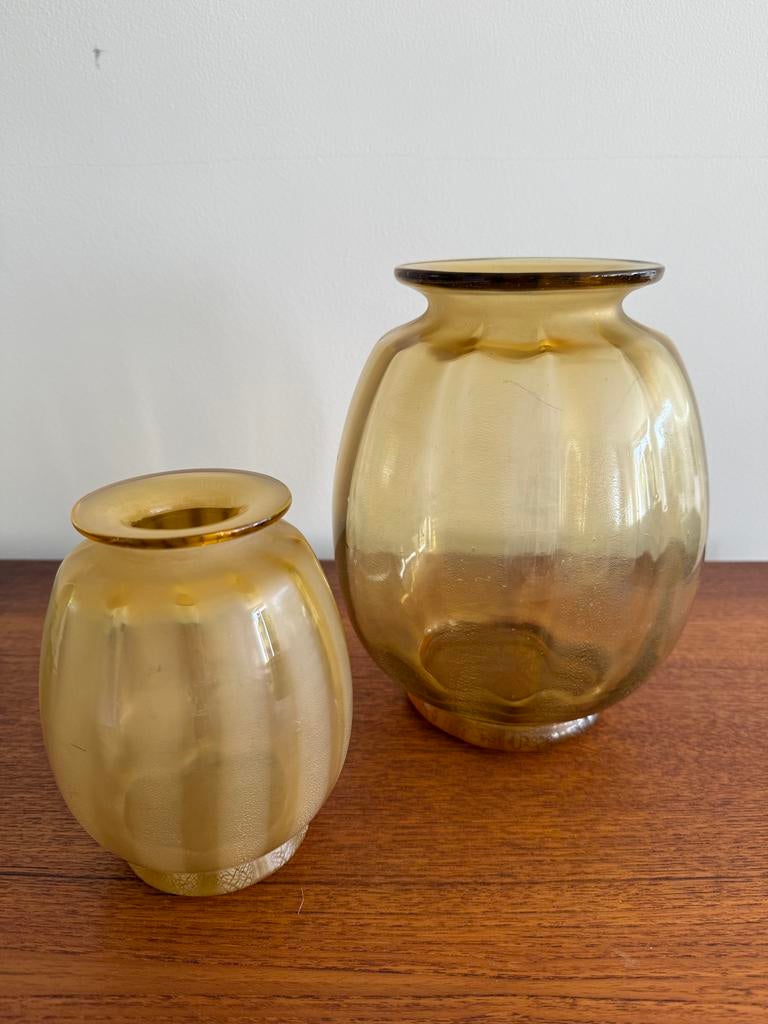 Set van 2 vintage amberkleurige glazen vazen - Jaren '70 sti, Ophalen of Verzenden