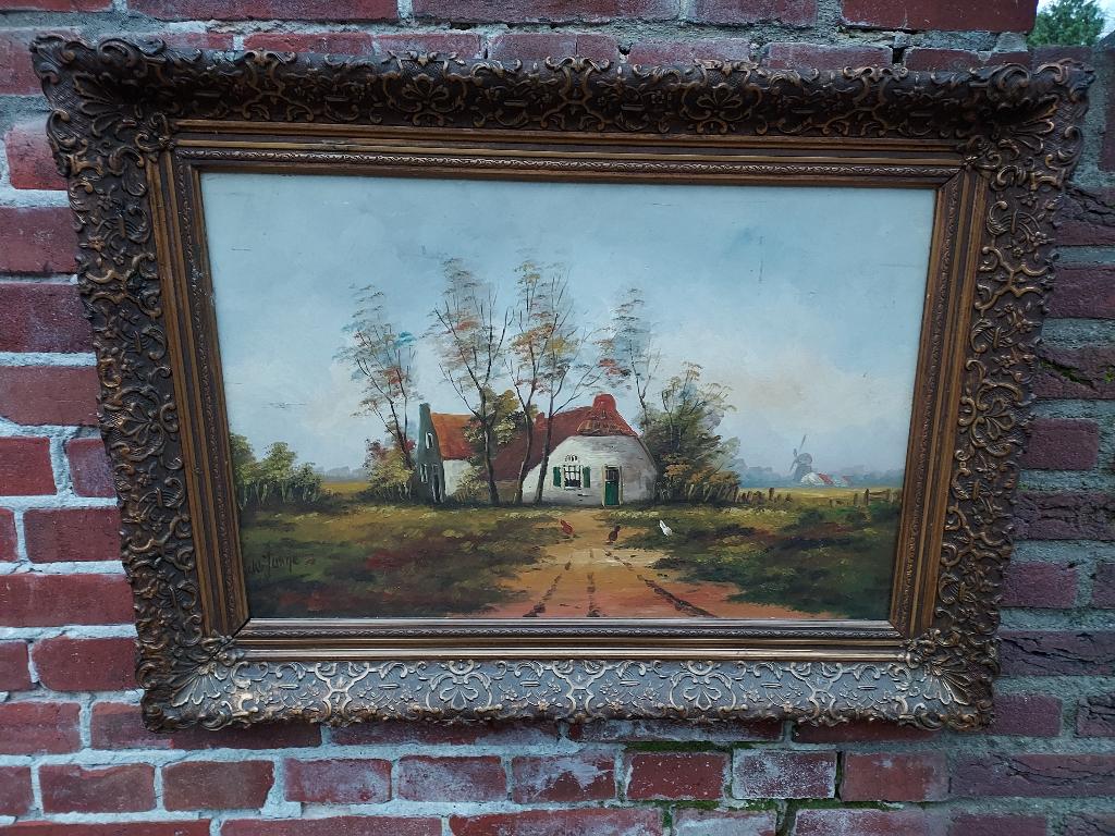 Schilderij, landschap met boerderij en kippen., Antiek en Kunst, Ophalen