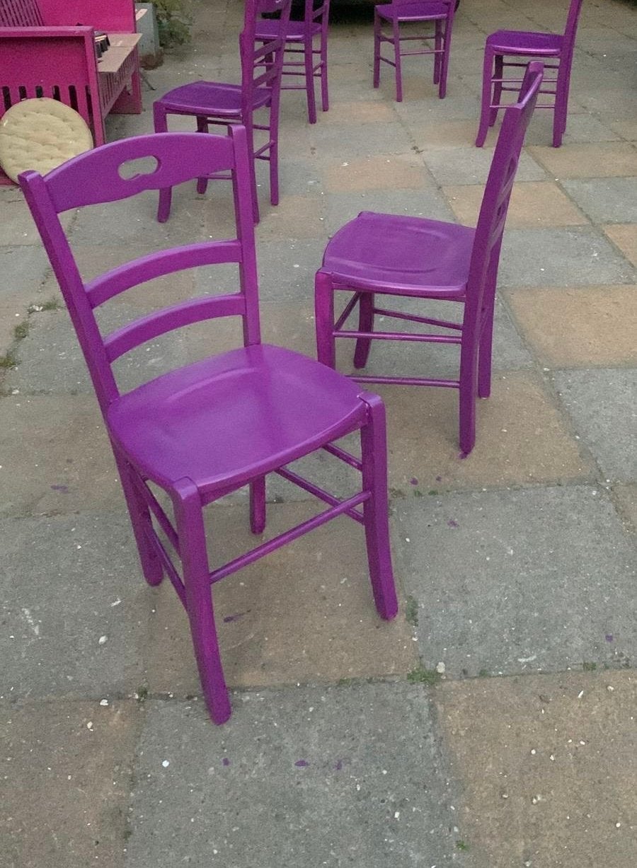 Set van 6 paarse houten brocante stoelen, Ophalen, Gebruikt, Overige kleuren, Vijf, Zes of meer stoelen