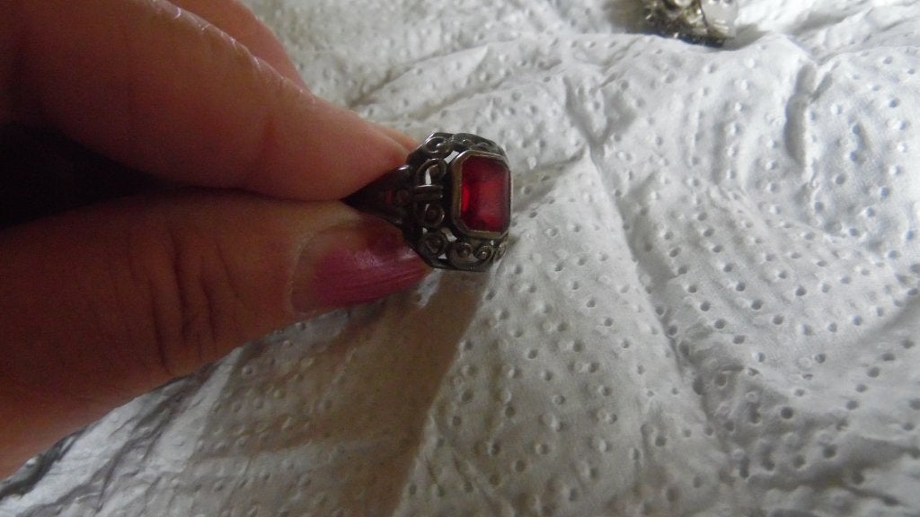 vintage sieraden oorbellen en ring, Ophalen of Verzenden, Zilver, Ring, Met edelsteen