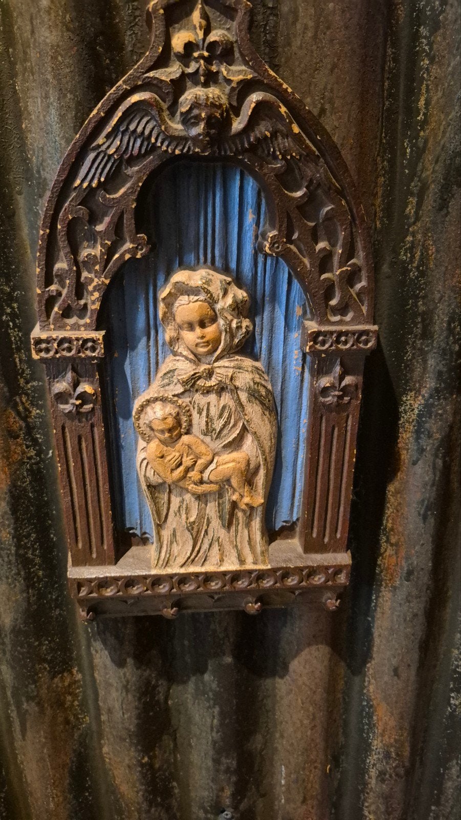 Oude Houten Maria met Kind Wanddecoratie - 38 cm, Ophalen of Verzenden
