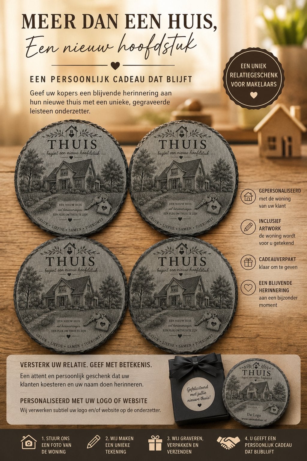 Relatiegeschenk makelaar onderzetters uniek., Verzenden, Steen/keramiek, Glasonderzetter, Dubbelzijdig