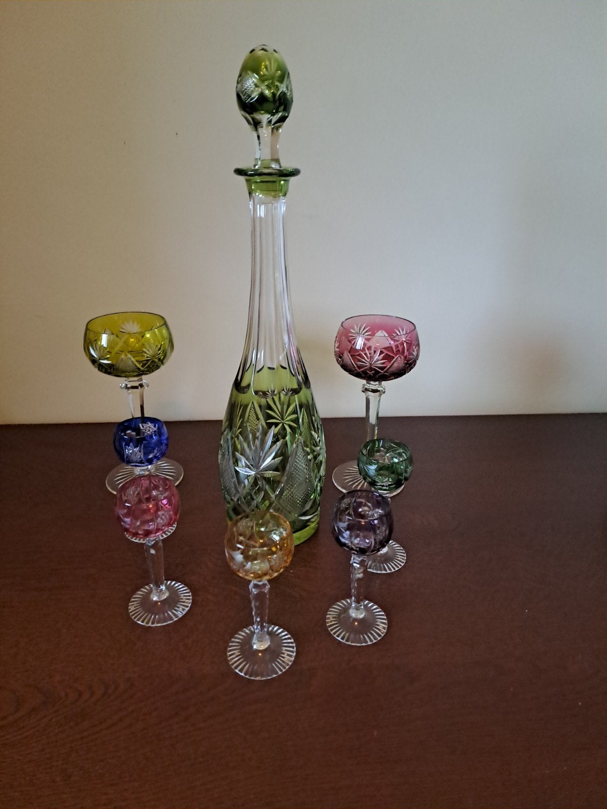 Val Saint Lambert Kristalset - Karaf met 6 Gekleurde Glazen, Antiek en Kunst, Ophalen of Verzenden