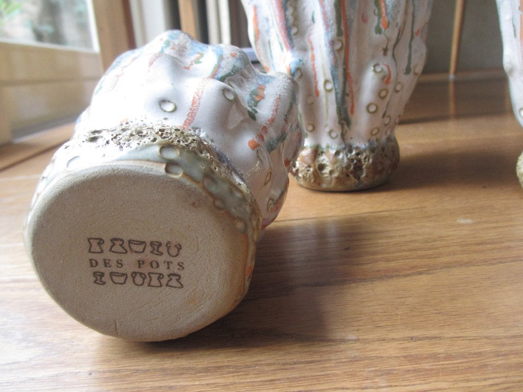 3 stuks Unieke Vintage Aardewerk Vaas – Des Pots | Zeldzaam, Gebruikt, Handgemaakt, Meerkleurig, Steen/keramiek