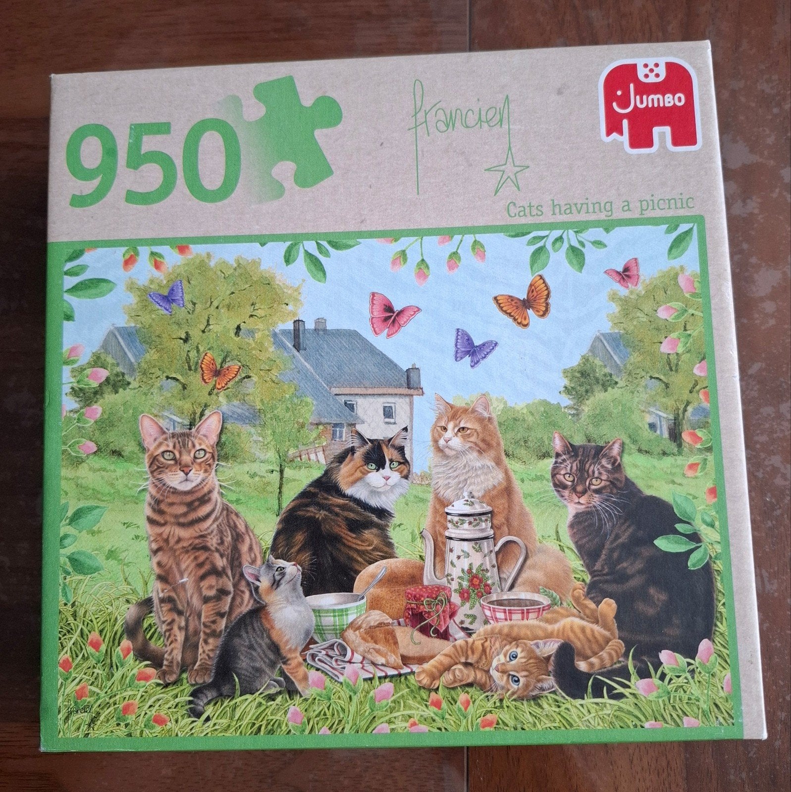 Francien's Katten Picknick Legpuzzel 950 stukjes, Ophalen of Verzenden, 500 t/m 1500 stukjes, Zo goed als nieuw, Legpuzzel